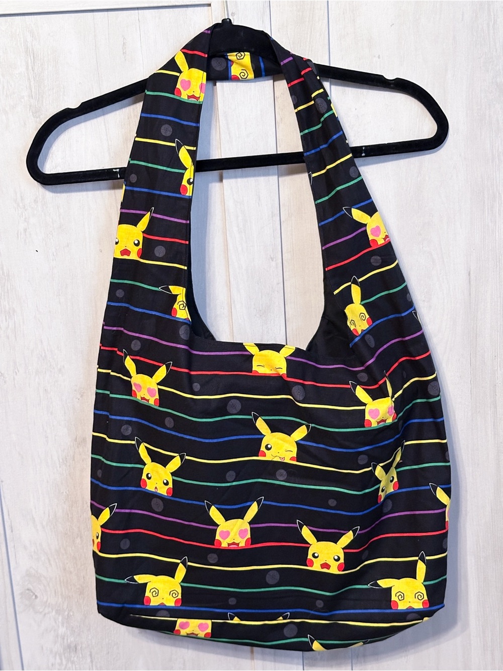 Pokémon Black Multicolor Stripe Medium Size Shoulder Strap Handmade Tote Bag